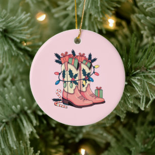 Adorno De Cerámica Navidades de Western Boots, chica de vaca rosa mod