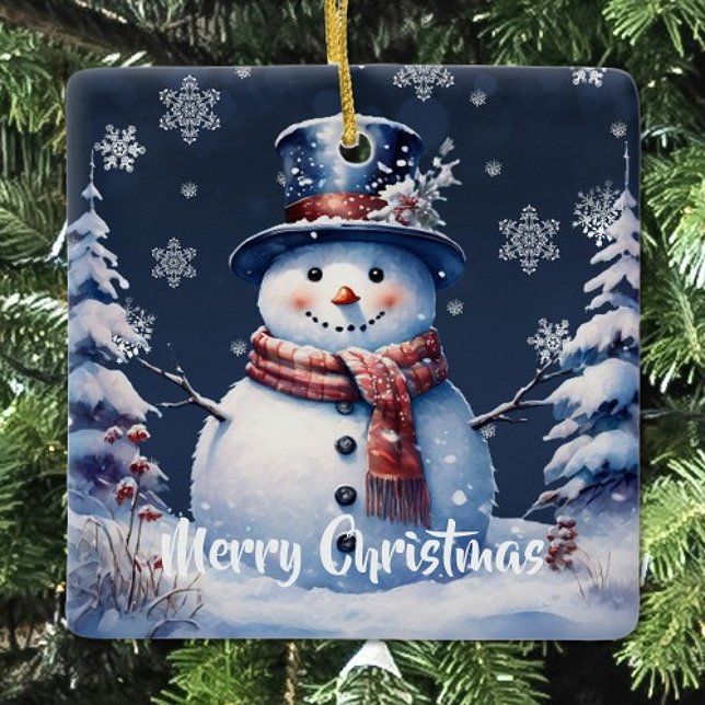 Adorno De Cerámica Navidades de Winter Forest Snowman (Winter Forest Snowman Christmas Ceramic Ornament)