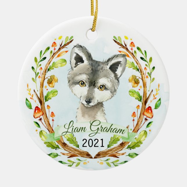 Adorno De Cerámica Navidades de Wolf Woodland Holiday Keepsake (Frente)