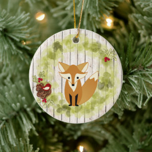Adorno De Cerámica Navidades de Woodland Fox y Wreath personalizados