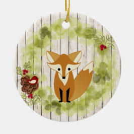 Adorno De Cerámica Navidades de Woodland Fox y Wreath personalizados