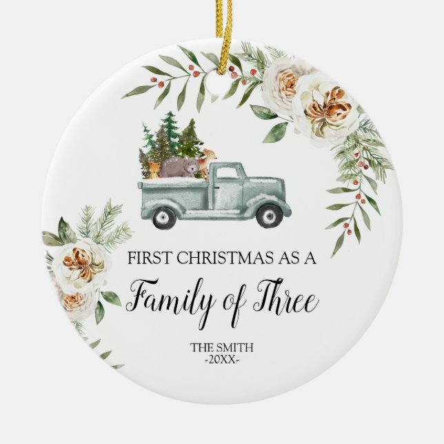 Adorno De Cerámica Navidades de Woodland Truck Familia de tres (Frente)