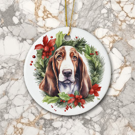 Adorno De Cerámica Navidades de Wreath de Watercolor Basset