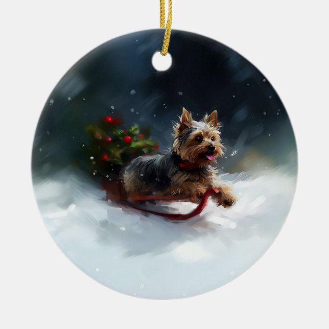 Adorno De Cerámica Navidades de Yorkshire Terrier en invierno (Frente)