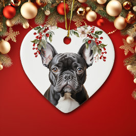 Adorno De Cerámica Navidades del Bulldog francés blanco Holly Berry