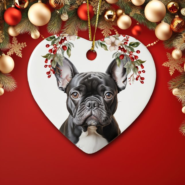 Adorno De Cerámica Navidades del Bulldog francés blanco Holly Berry (Subido por el creador)