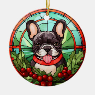 Adorno De Cerámica Navidades del Bulldog francés Holly Berry Wreath