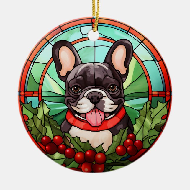 Adorno De Cerámica Navidades del Bulldog francés Holly Berry Wreath (Frente)