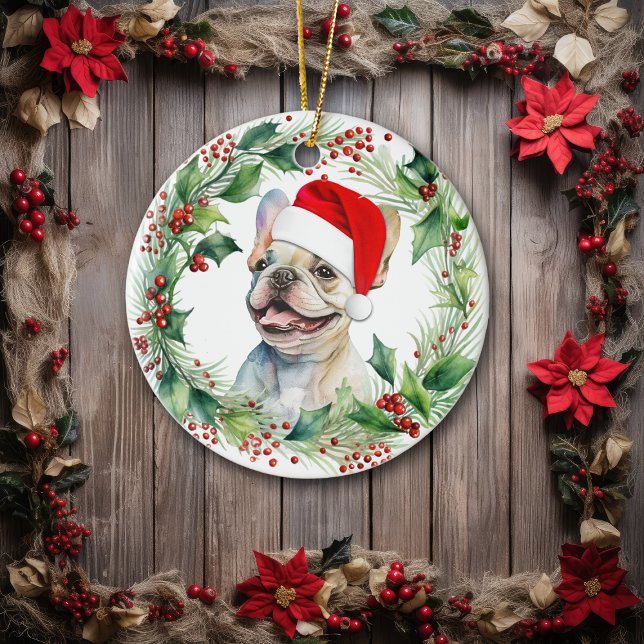 Adorno De Cerámica Navidades del Bulldog francés Puppy Holly Wreath (Subido por el creador)