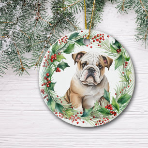 Adorno De Cerámica Navidades del bulldog Puppy Holly Wreath