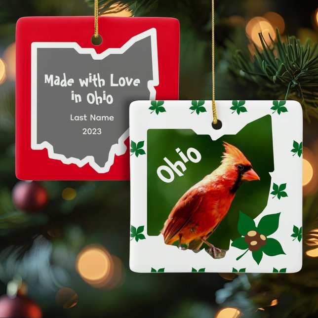 Adorno De Cerámica Navidades del Cardenal y Buckeyes Ohio (An Ohio Buckeye Christmas ornament with an Ohio map, custom text, and cardinal is one of a kind!)