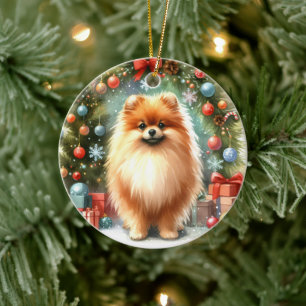 Adorno De Cerámica Navidades del festival cute pomeranian Watercolor