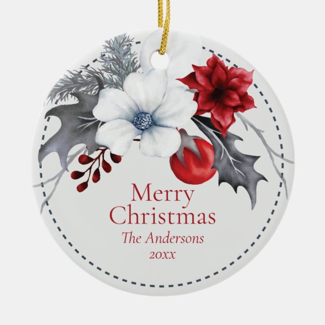 Adorno De Cerámica Navidades del follaje rojo-blanco plateado (Frente)