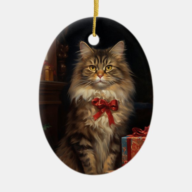 Adorno De Cerámica Navidades del gato Maine Coon (Frente)