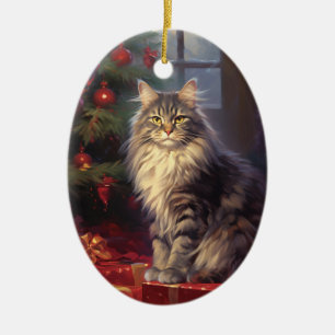 Adorno De Cerámica Navidades del gato Maine Coon