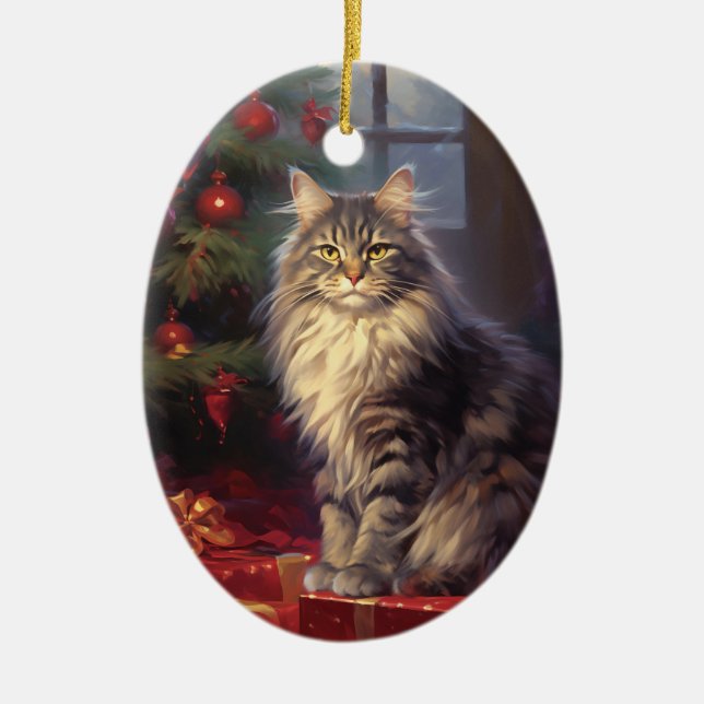 Adorno De Cerámica Navidades del gato Maine Coon (Frente)