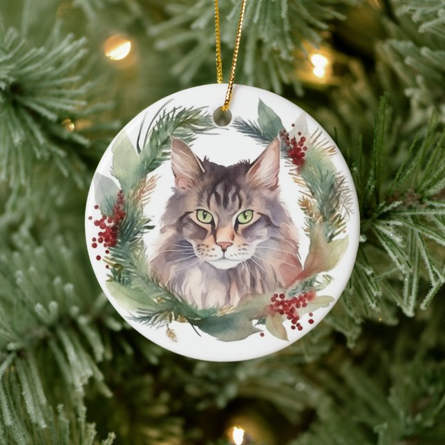 Adorno De Cerámica Navidades del gato Maine Coon Wreath Festive Kitte (Árbol)