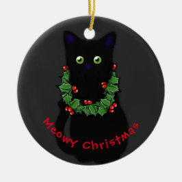 Adorno De Cerámica Navidades del gato Meowy corona verde roja