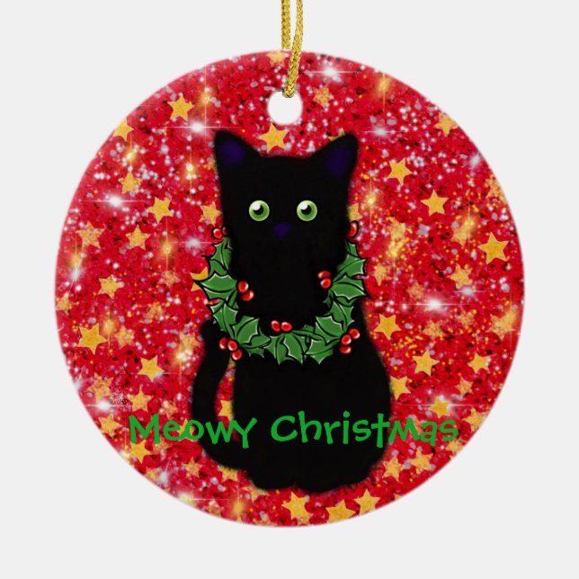 Adorno De Cerámica Navidades del gato Meowy purpurina de chispas roja (Frente)