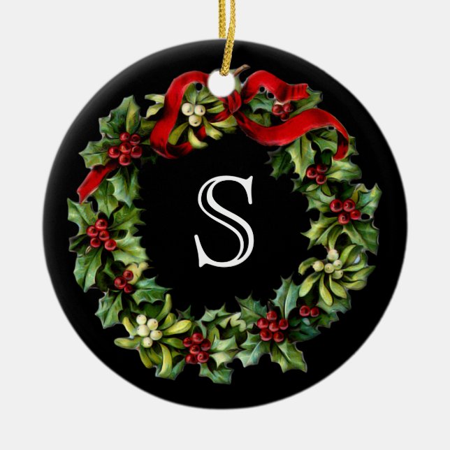 Adorno De Cerámica Navidades del Monograma Classic Holly Wreath Perso (Frente)