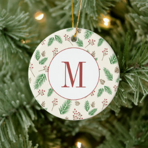 Adorno De Cerámica Navidades del Monograma Inicial de Evergreen Winte