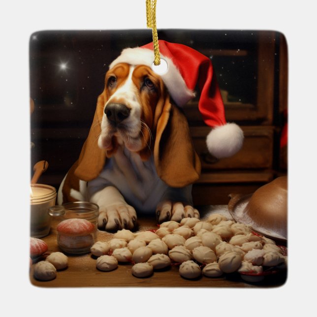 Adorno De Cerámica Navidades del óbice basset celebran festividades (Anverso)