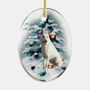 Adorno De Cerámica Navidades del Pastor Alemán Blanco