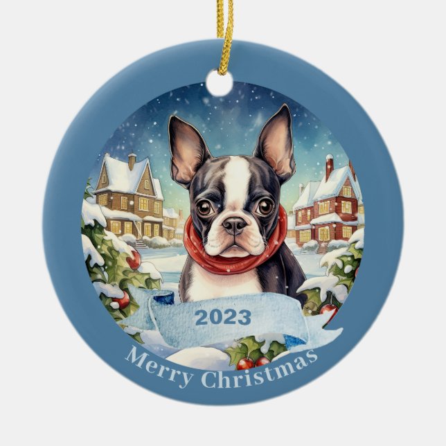 Adorno De Cerámica Navidades del perro de la acuarela de Boston Terri (Frente)