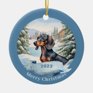 Adorno De Cerámica Navidades del perro de la acuarela de Dachshund
