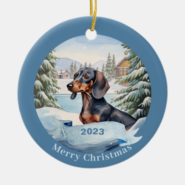 Adorno De Cerámica Navidades del perro de la acuarela de Dachshund (Frente)