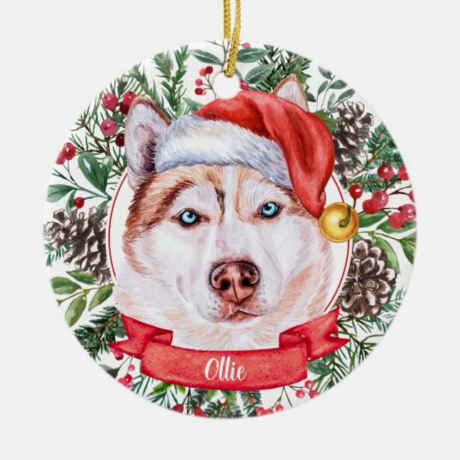Adorno De Cerámica Navidades del Personalizado de Perro Marrón Husky  (Frente)