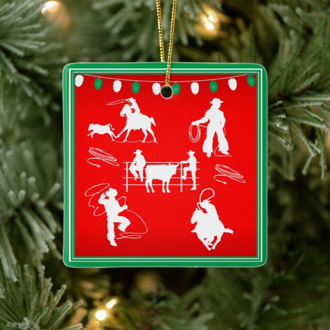 Adorno De Cerámica Navidades del Rodeo Occidental de Cowgirl Roping (Árbol)