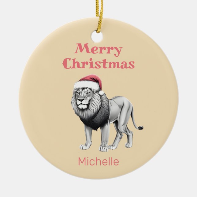Adorno De Cerámica Navidades del Safari Animal Lion Santa Hat (Frente)