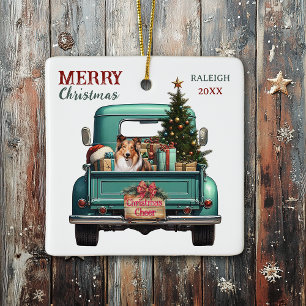 Adorno De Cerámica Navidades del Shetland Sheepdog Retro Truck