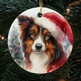 Adorno De Cerámica Navidades del Sweet Brown Border Collie Santa Hat