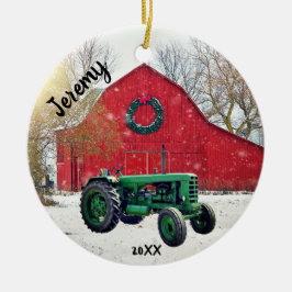 Adorno De Cerámica Navidades del Tractor Verde Viejo