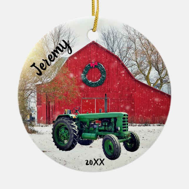 Adorno De Cerámica Navidades del Tractor Verde Viejo (Frente)