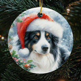 Adorno De Cerámica Navidades del Tricoled Border Collie Santa Hat