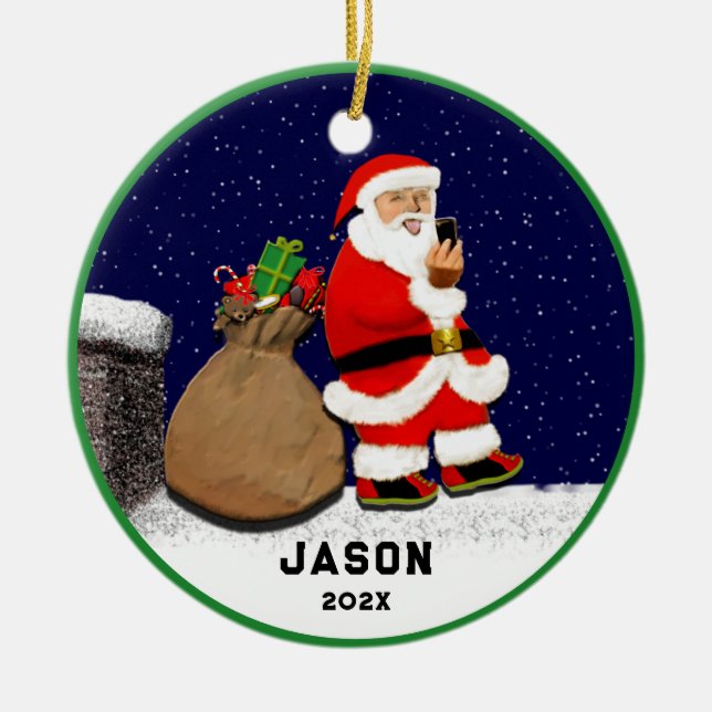 Adorno De Cerámica Navidades divertidos de Santa Selfie (Frente)