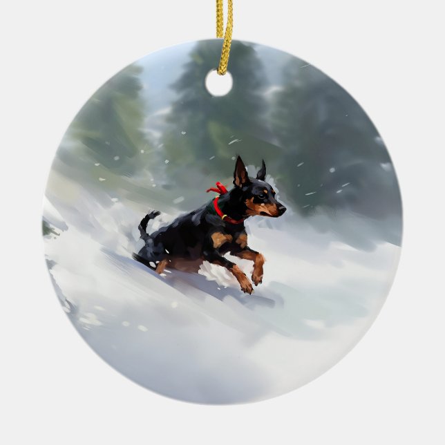 Adorno De Cerámica Navidades Doberman Pinscher en invierno (Frente)
