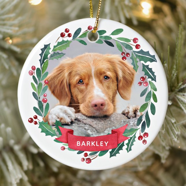 Adorno De Cerámica Navidades Dog acuarela Wreath Foto personalizada (Subido por el creador)