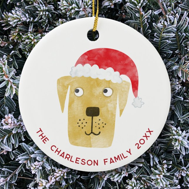 Adorno De Cerámica Navidades Dog Family Date (Golden yellow labrador retriever dog in a Santa hat personalized family name date ceramic ornament)