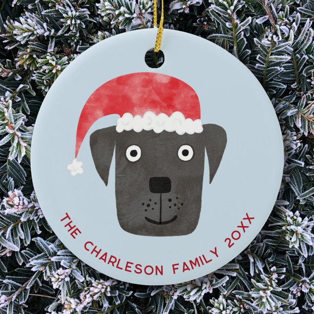 Adorno De Cerámica Navidades Dog Family Date (Black labrador retriever dog in a Santa hat personalized family name date ceramic Christmas ornament)