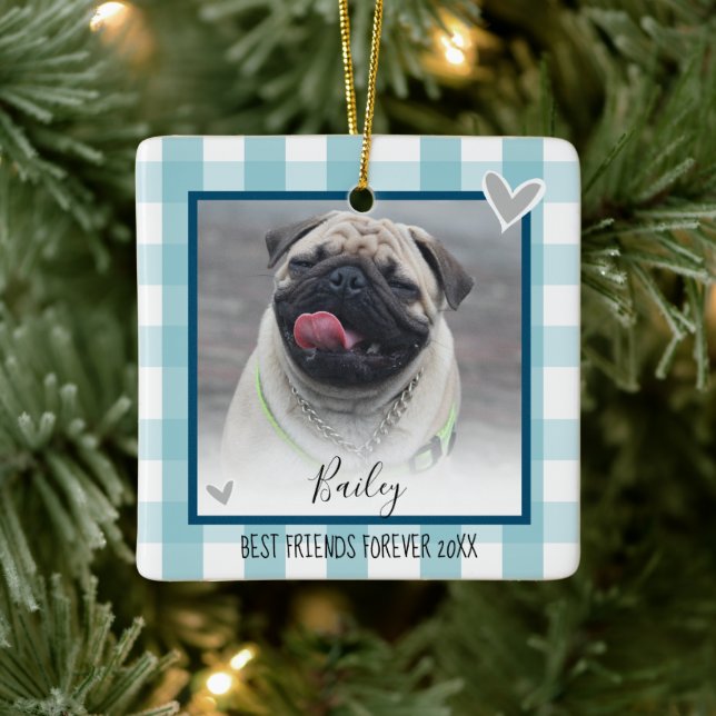 Adorno De Cerámica Navidades Dos Mascotas de foto Blue Country Plaid (Árbol)