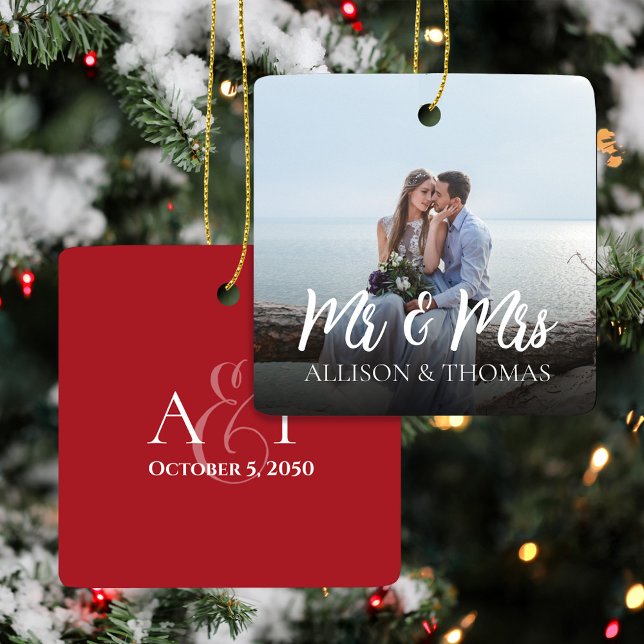 Adorno De Cerámica Navidades Elegant Photo Mr. y Mrs. Simple (Mr. and Mrs. Christmas Tree Photo Ornaments.)