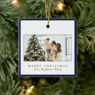 Adorno De Cerámica Navidades elegantes de foto de borde azul mínimo