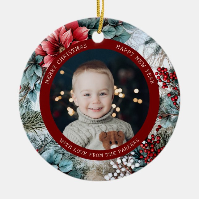 Adorno De Cerámica Navidades elegantes Poinsettias y Holly Photo (Frente)