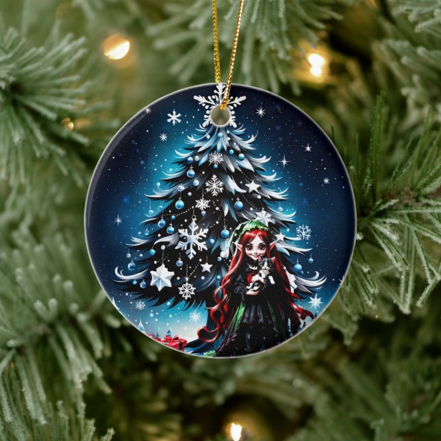 Adorno De Cerámica Navidades Elf con Kitten. (Árbol)