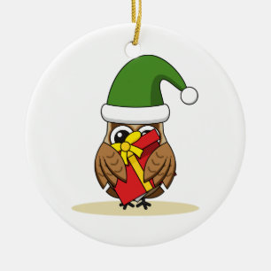 Adorno De Cerámica Navidades Elf Owl con presente
