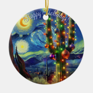 Adorno De Cerámica Navidades en el desierto Saguaro Cactus Verde Azul